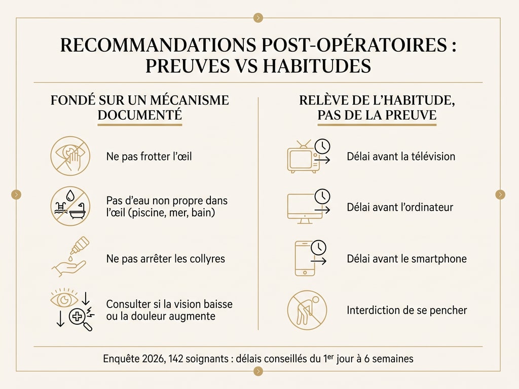 Infographie séparant les précautions postopératoires fondées sur un mécanisme documenté de celles qui relèvent de l'habitude