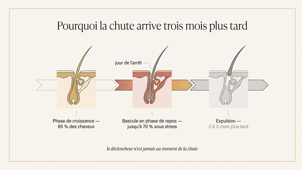 Schéma expliquant le décalage de deux à trois mois entre le facteur déclenchant et la chute des cheveux dans un effluvium télogène