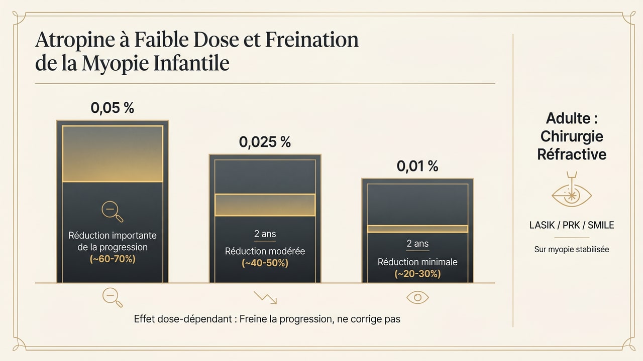 Infographie comparant l'efficacité dose-dépendante de l'atropine faible dose (0,05 %, 0,025 %, 0,01 %) pour freiner la myopie de l'enfant, et la chirurgie réfractive comme correction de l'adulte.