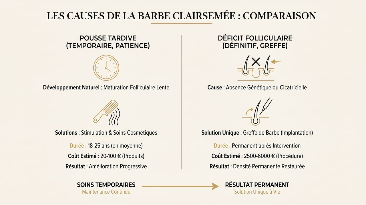 Infographie comparant pousse tardive et déficit folliculaire comme causes d'une barbe clairsemée