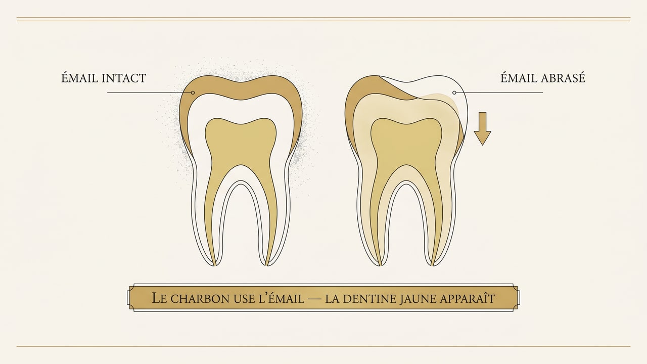 Schéma comparant un émail intact et un émail abrasé par le charbon, montrant la dentine jaune apparaissant davantage sous l'usure.