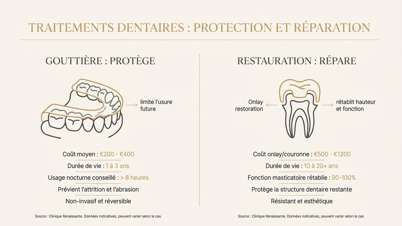 Infographie : la gouttière protège de l'usure, la restauration répare les dents déjà usées