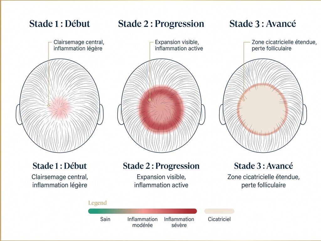 Progression de l'alopécie centrale cicatricielle (CCCA) chez la femme afro : 3 stades évolutifs