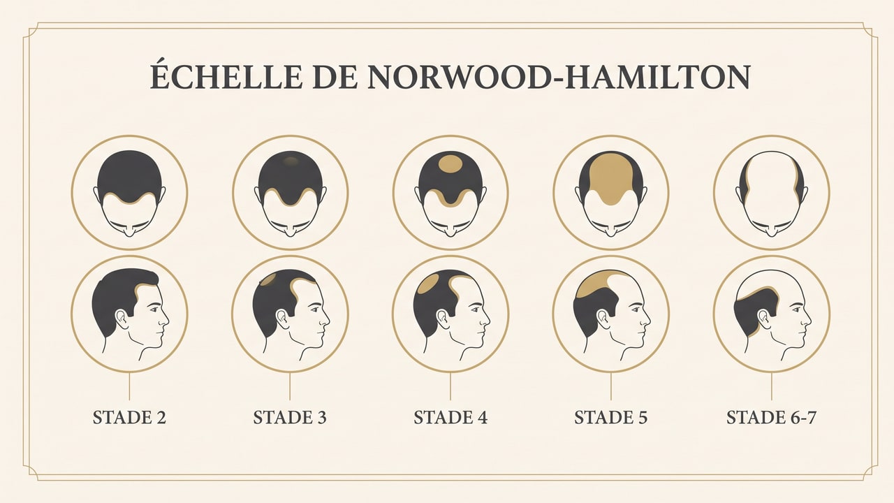 Schéma de l’échelle de Norwood-Hamilton illustrant les stades d’évolution de la calvitie masculine, du recul des golfes à la calvitie étendue