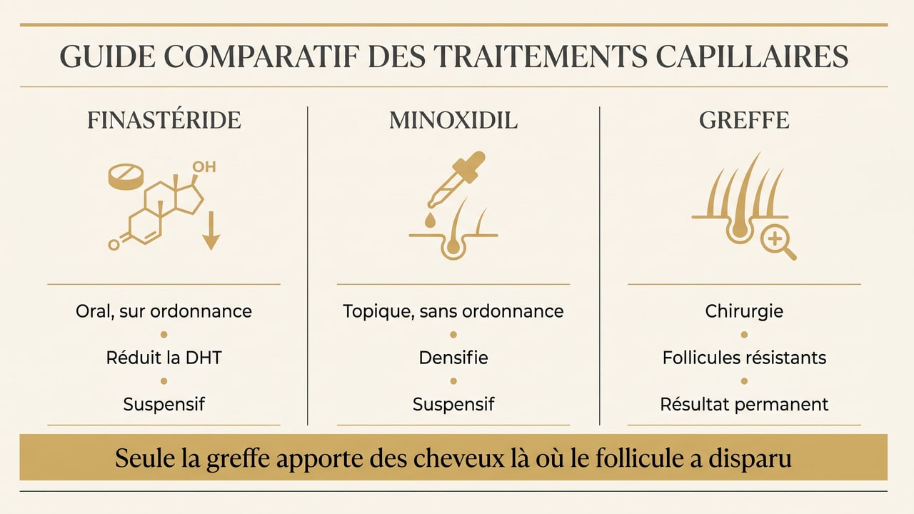 Tableau comparatif du finastéride, du minoxidil et de la greffe de cheveux dans l’alopécie androgénétique du jeune homme