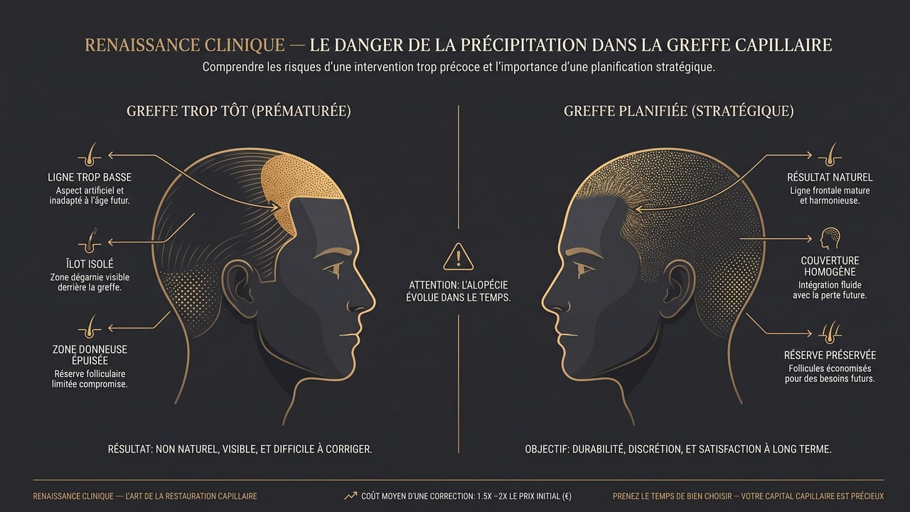 Infographie comparant une greffe réalisée trop tôt (îlot isolé, ligne trop basse, zone donneuse épuisée) à une greffe planifiée au résultat naturel