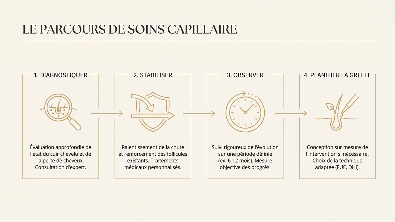 Infographie de la séquence recommandée pour un jeune homme : diagnostiquer, stabiliser, observer, puis planifier la greffe
