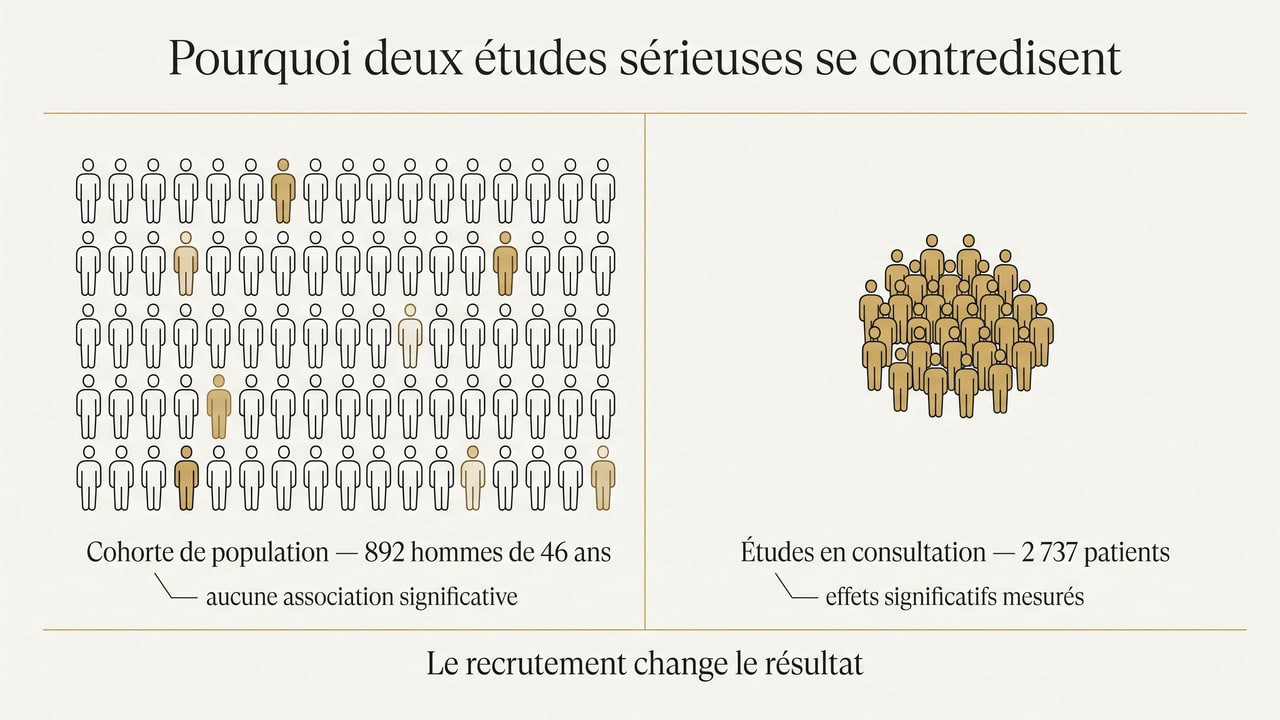 Schéma expliquant pourquoi une cohorte de population de 892 hommes ne trouve aucune association alors que les études menées en consultation sur 2 737 patients mesurent des effets significatifs
