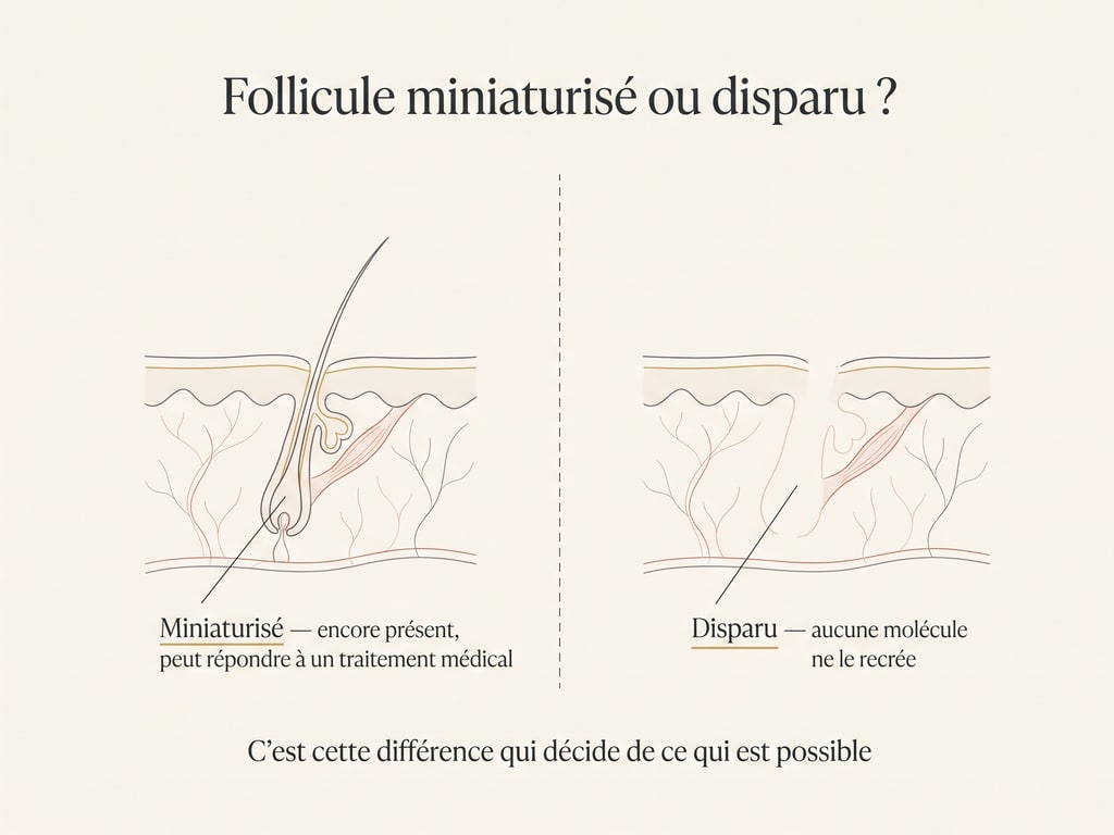 Schéma comparant un follicule miniaturisé encore présent, susceptible de répondre à un traitement médical, et un follicule disparu qu'aucun traitement ne peut recréer