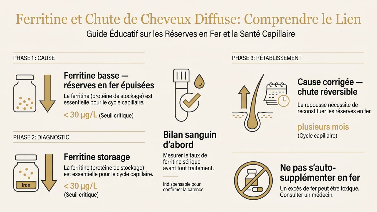 Infographie reliant une ferritine basse à une chute diffuse réversible, avec le bilan sanguin préalable et l'avertissement contre l'auto-supplémentation