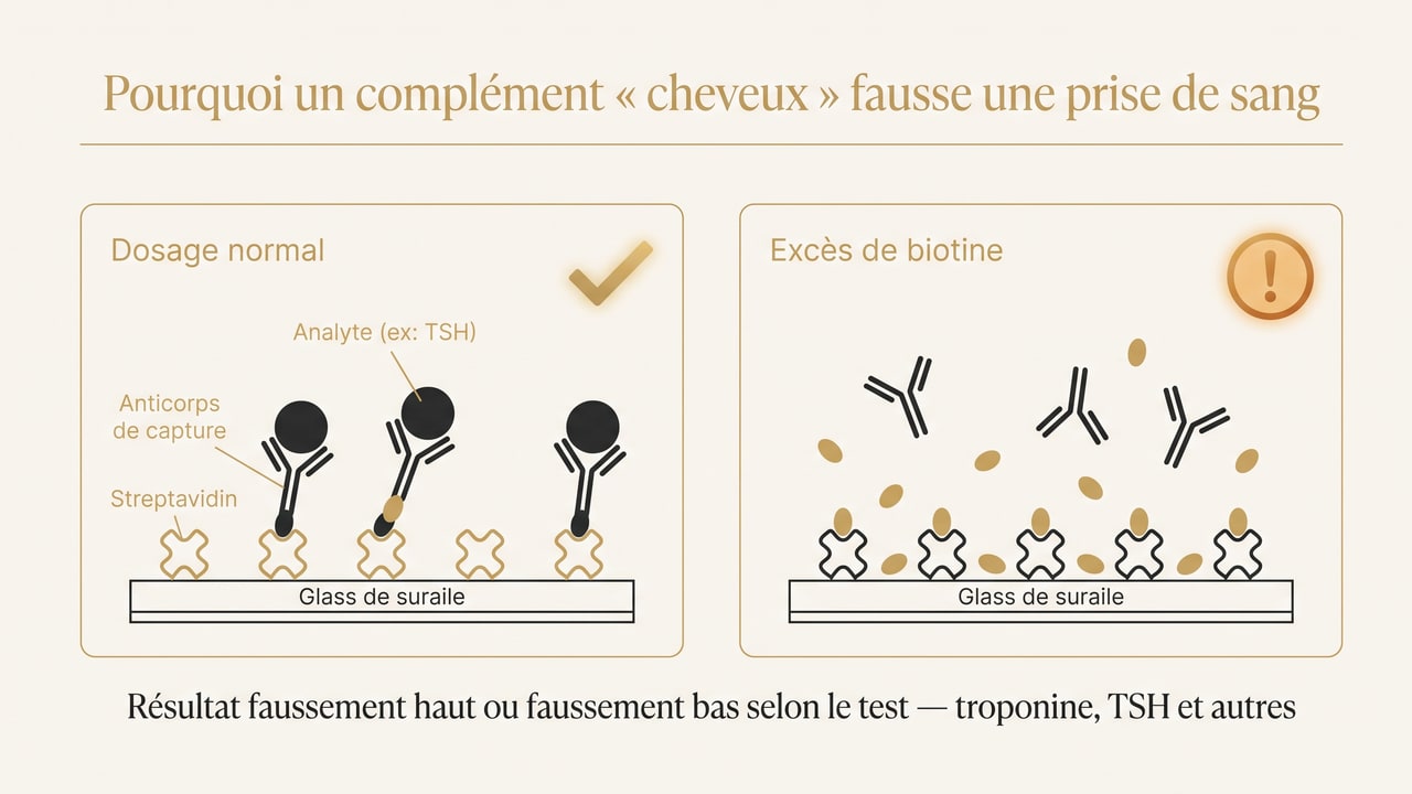 Schéma expliquant l'interférence de la biotine avec les immunodosages fondés sur le couple biotine-streptavidine, à l'origine de résultats faussement hauts ou faussement bas