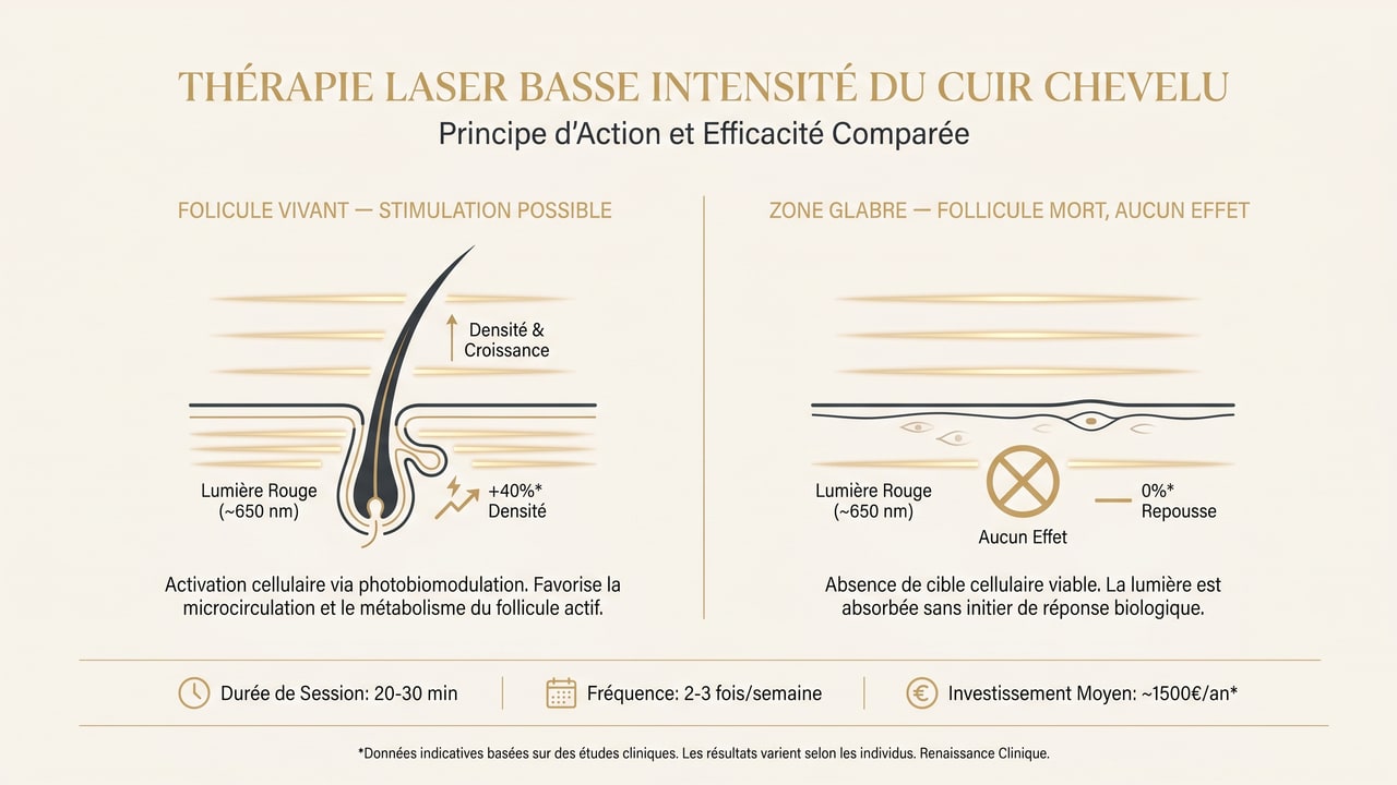 Infographie expliquant que le laser LLLT stimule un follicule vivant mais reste sans effet sur une zone glabre