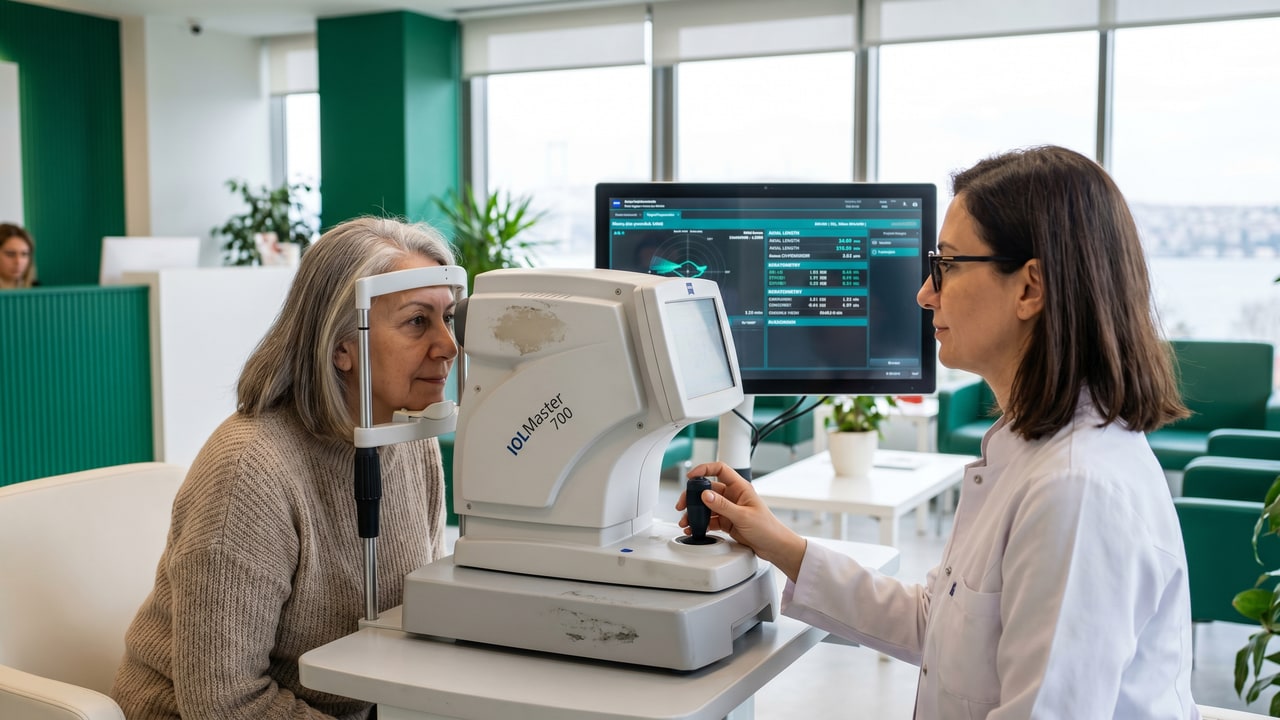 Patiente senior subissant la biométrie optique IOLMaster 700 avant chirurgie de cataracte à Renaissance