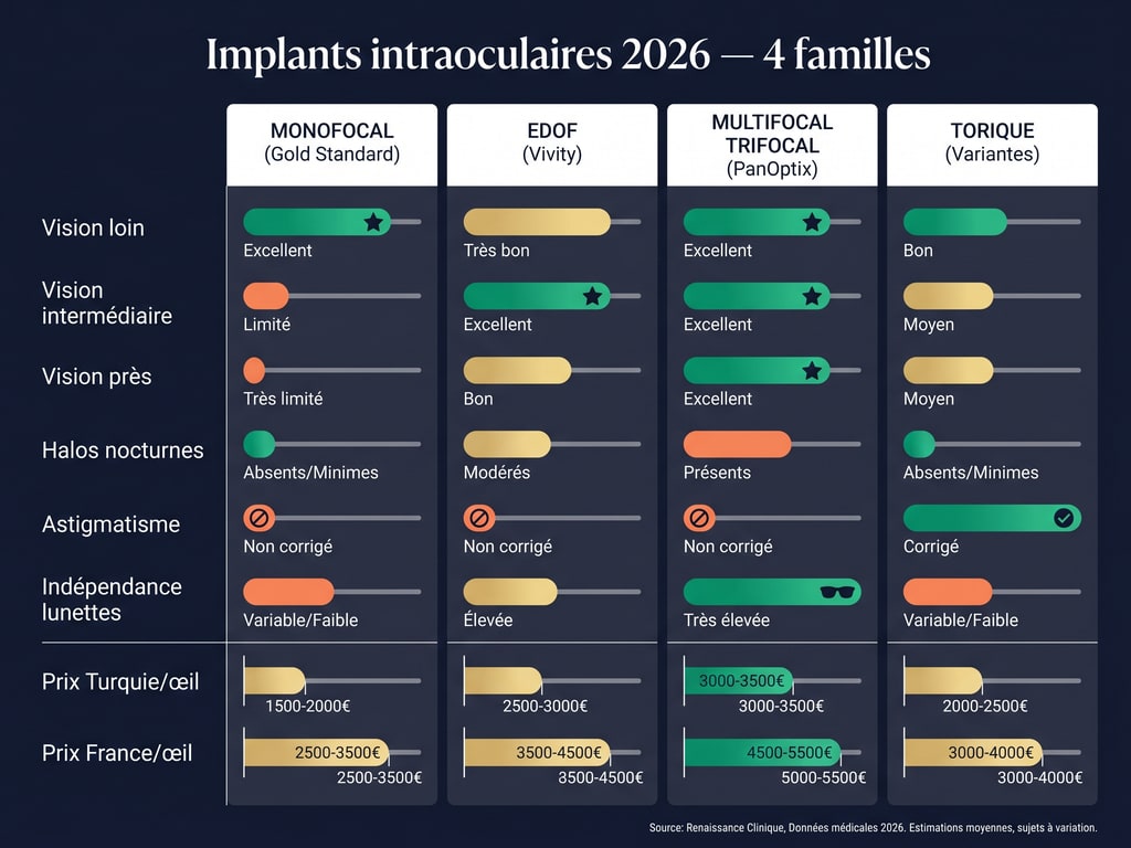 Tableau comparatif détaillé des quatre familles d'implants intraoculaires pour cataracte