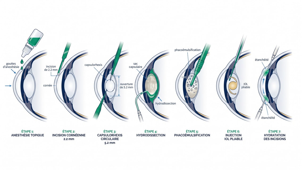 Schéma anatomique des sept étapes de la phacoémulsification avec implantation IOL