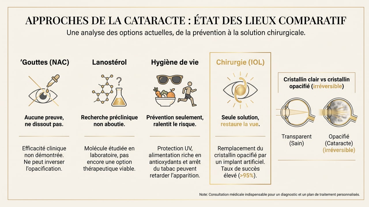 Infographie comparant gouttes NAC, lanostérol, hygiène de vie et chirurgie de la cataracte, avec un cristallin clair face à un cristallin opacifié irréversible.