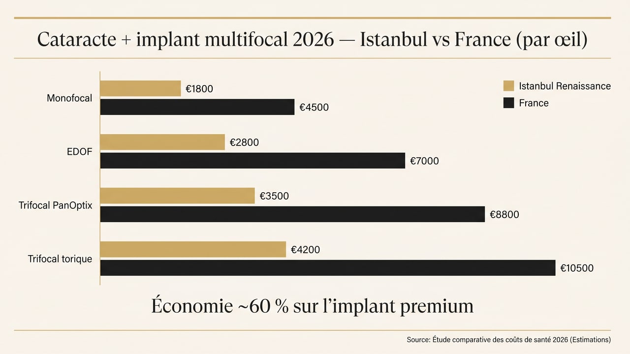 Comparatif prix cataracte avec implant multifocal Istanbul vs France — monofocal, EDOF, trifocal, torique par œil