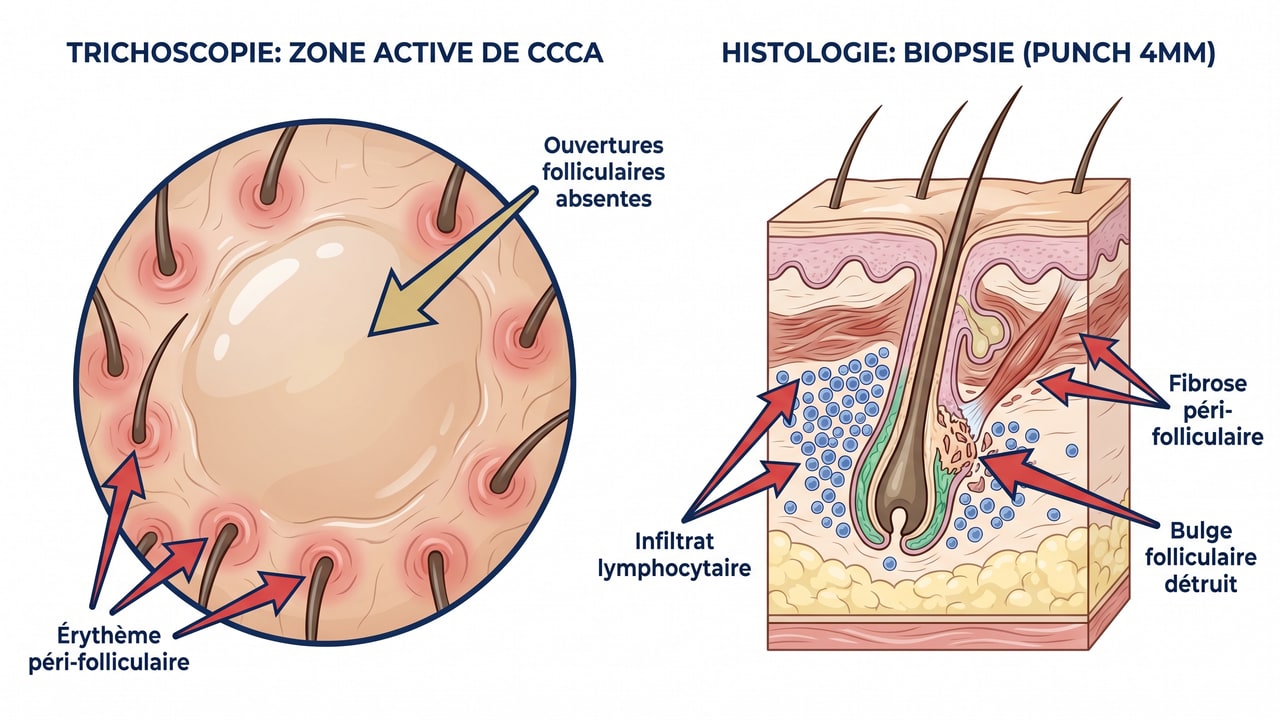Diagnostic CCCA par trichoscopie et biopsie cutanée 4 mm — features pathognomoniques et infiltrat inflammatoire