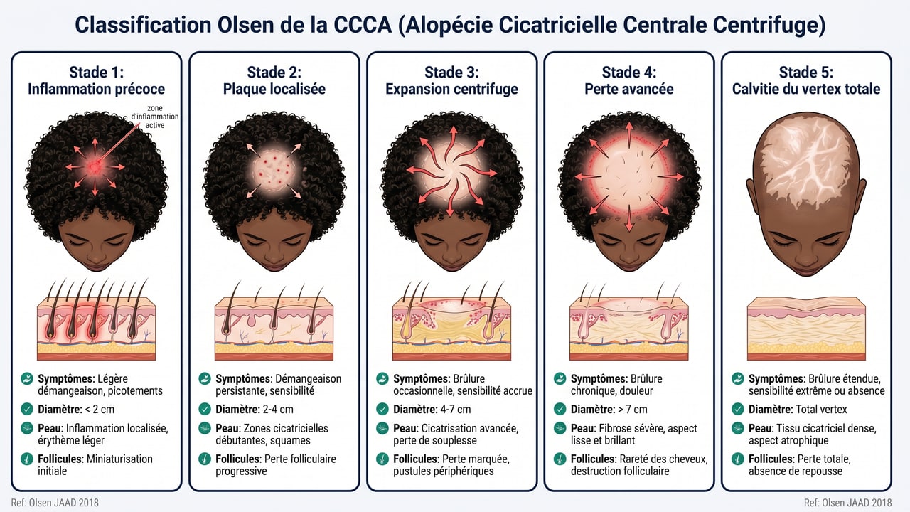 Classification Olsen JAAD 2018 — 5 stades évolutifs de la CCCA avec caractéristiques cliniques par stade