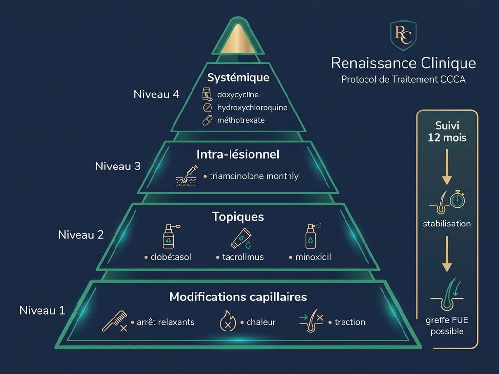 Protocole de traitement multi-niveau de la CCCA — 4 paliers thérapeutiques gradués vers stabilisation 12 mois