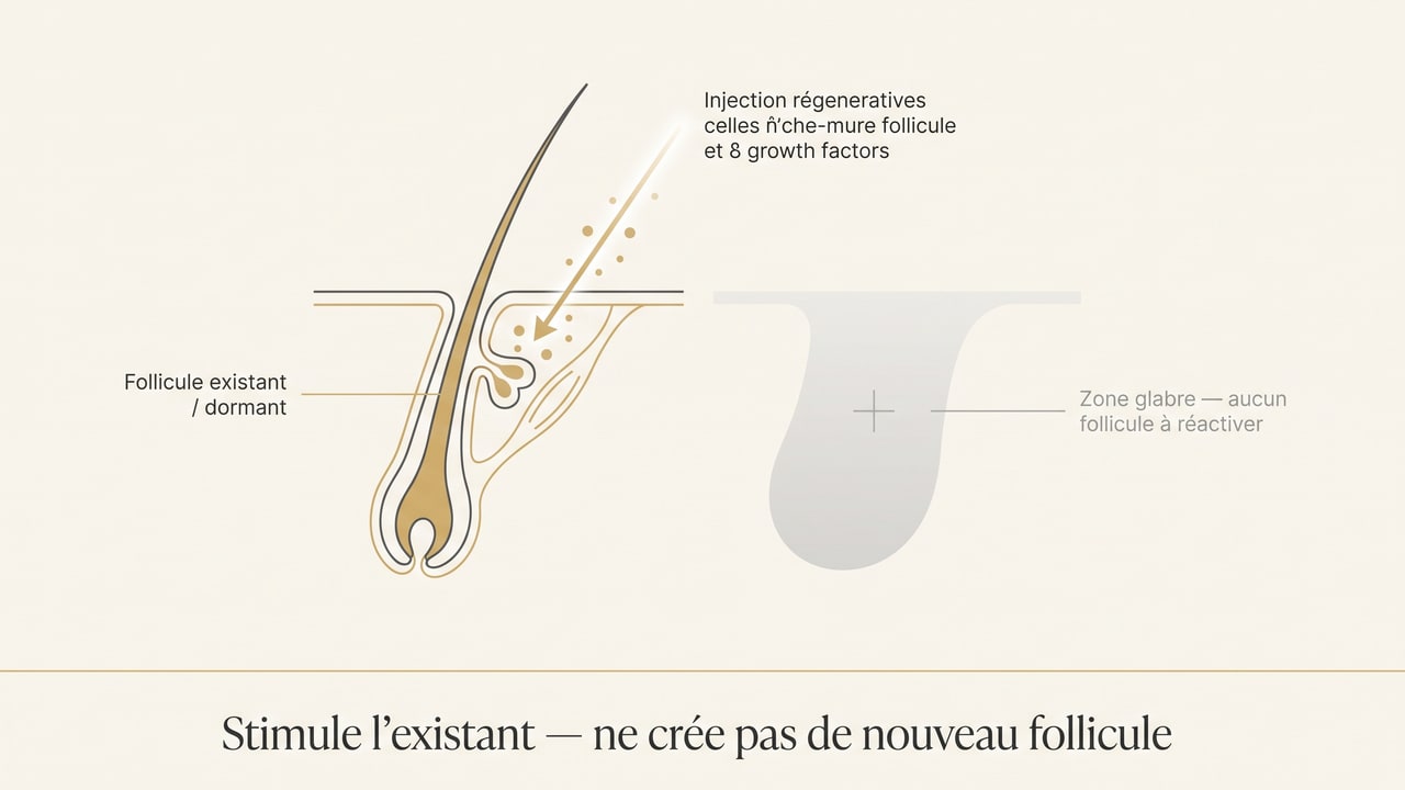 Schéma : la thérapie cellulaire stimule des follicules existants ou dormants mais ne crée pas de follicule sur une zone glabre