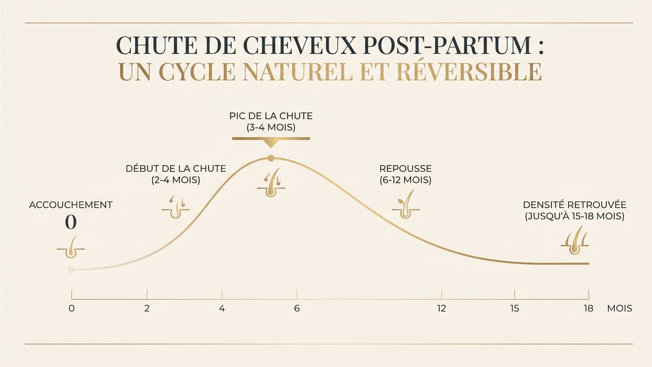 Infographie chronologique de la chute de cheveux post-partum montrant le pic à 3-4 mois et la repousse en 6 à 12 mois