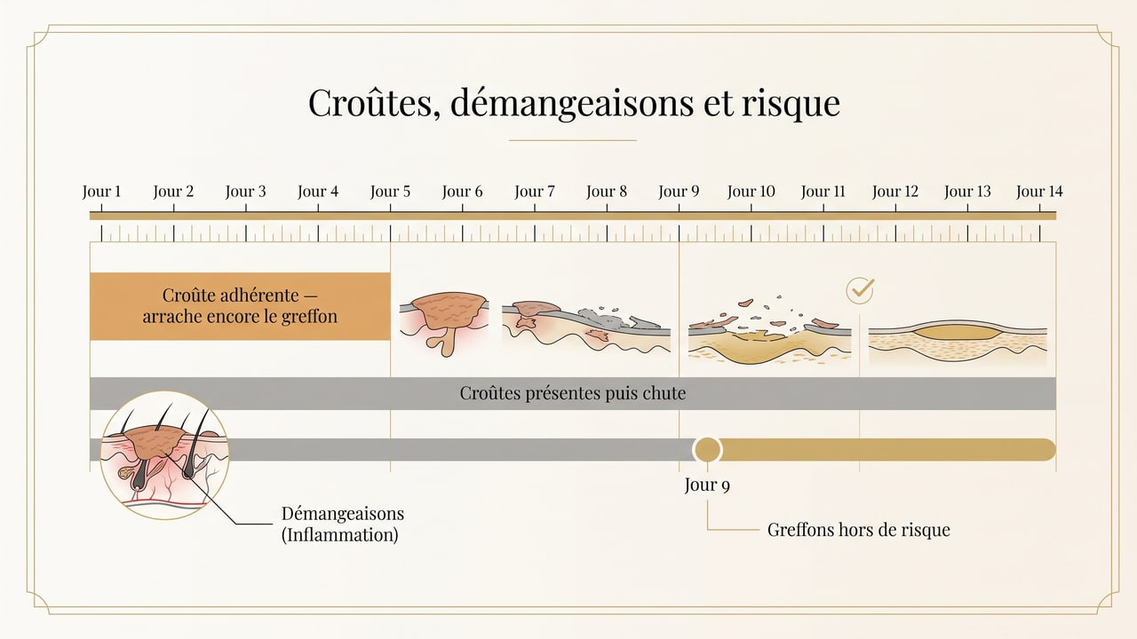 Frise chronologique du premier au quatorzième jour après une greffe montrant la période où une croûte adhérente arrache encore le greffon jusqu'au cinquième jour, la présence puis la chute des croûtes, et le neuvième jour où les greffons ne sont plus à risque