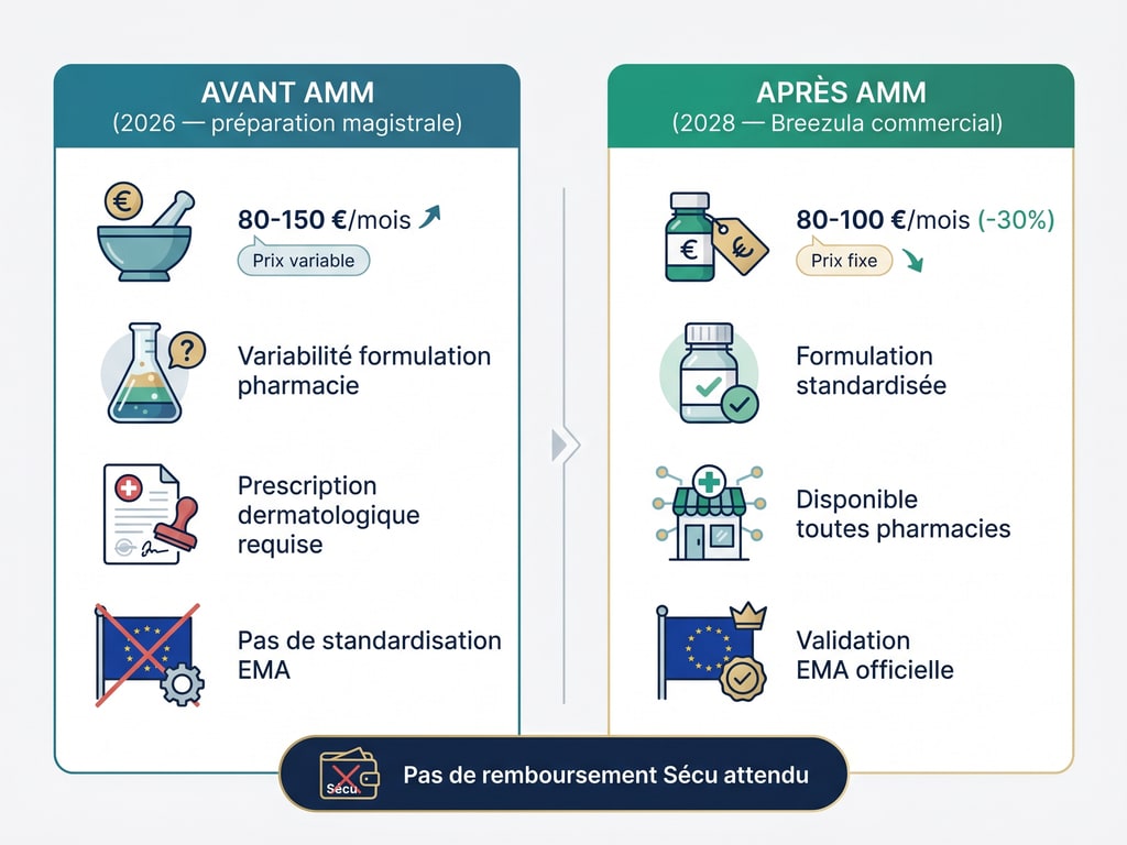Comparaison clascotérone avant et après AMM commerciale — préparation magistrale 2026 vs Breezula 2028