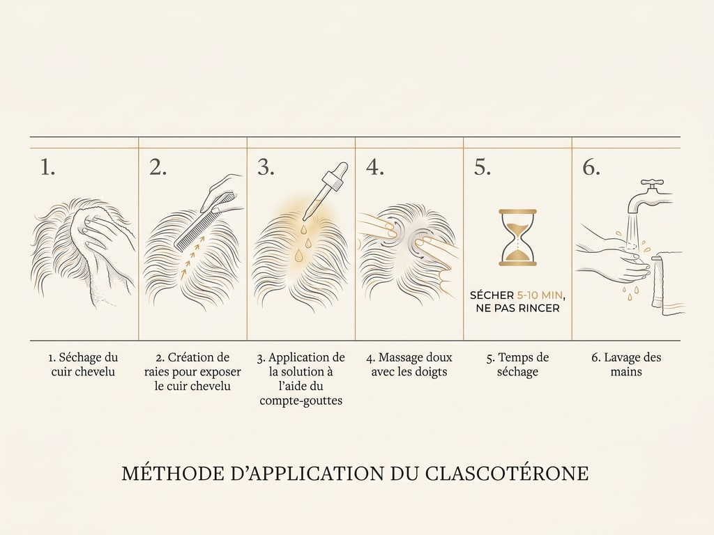 Schéma des six étapes d'application du clascotérone sur le cuir chevelu, du séchage au lavage des mains