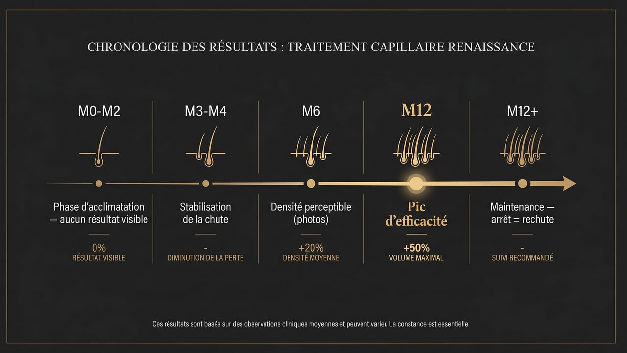 Chronologie des résultats du clascotérone de M0 à M12+ : acclimatation, stabilisation, densité, pic d'efficacité, maintenance