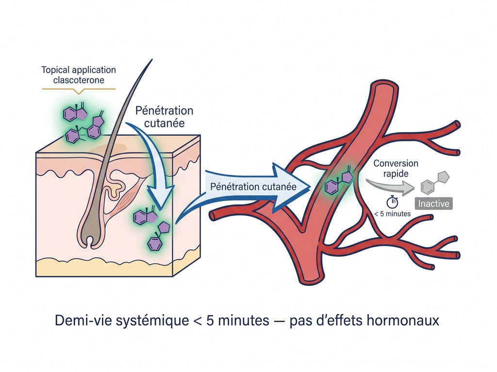 Schéma de la métabolisation rapide du clascotérone en cortexolone inactive dans la circulation sanguine