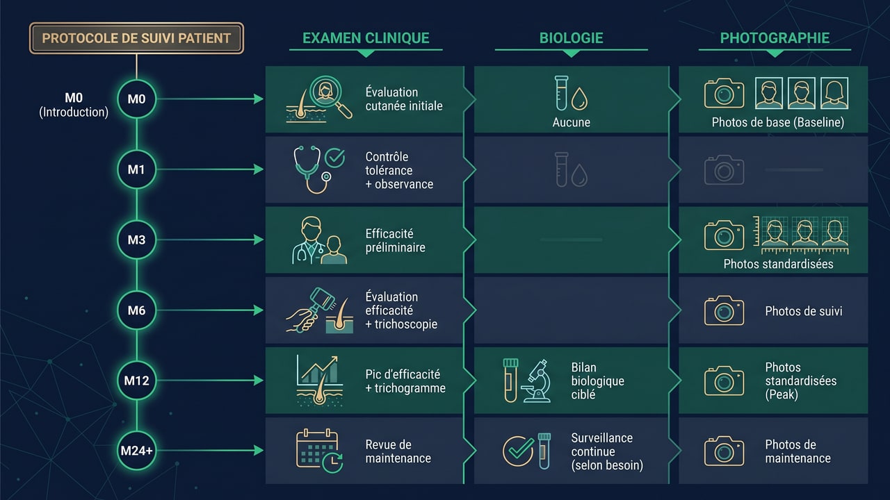 Calendrier de surveillance clinique du clascotérone — protocole Renaissance Clinique de M0 à M24+
