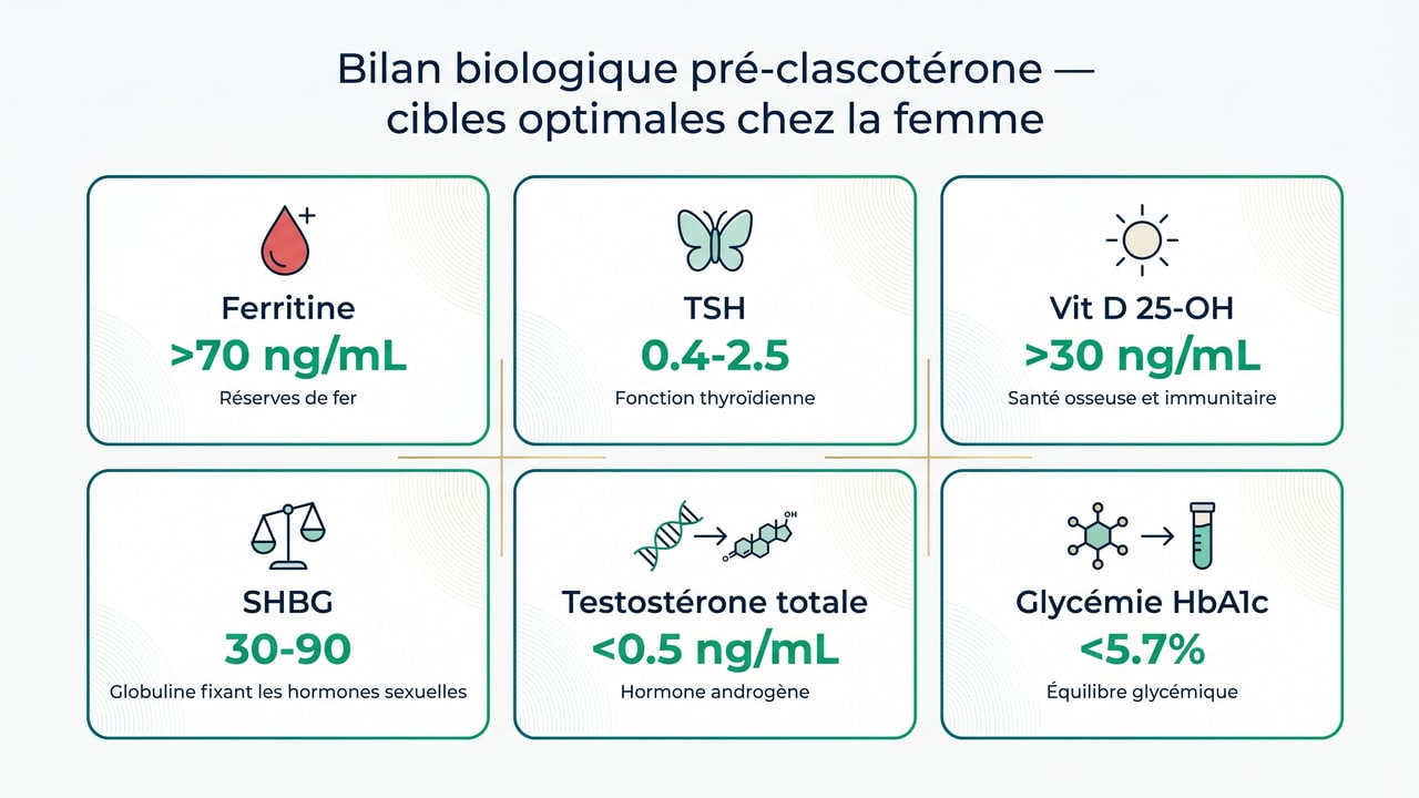 Cibles biologiques optimales avant clascotérone chez la femme : ferritine, TSH, vitamine D, SHBG, testostérone, glycémie