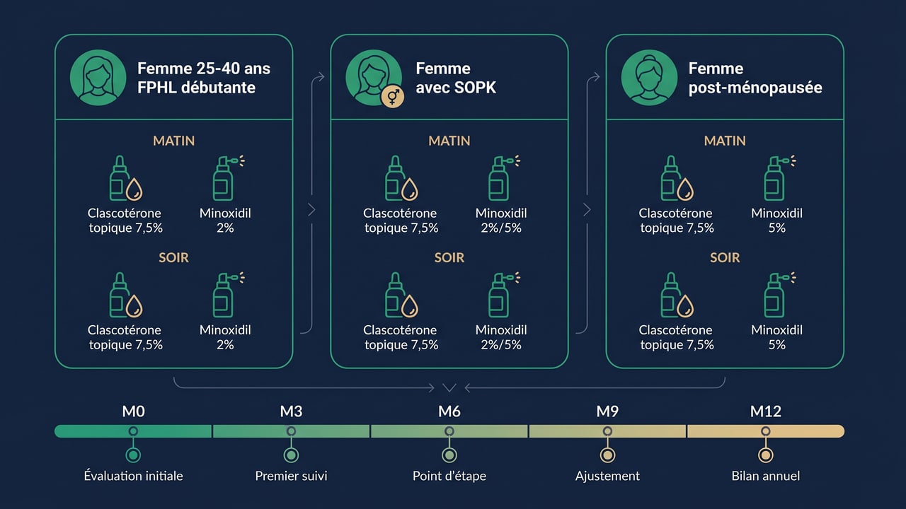 Protocoles personnalisés clascotérone par profil patient féminin (FPHL débutante, SOPK, post-ménopause)