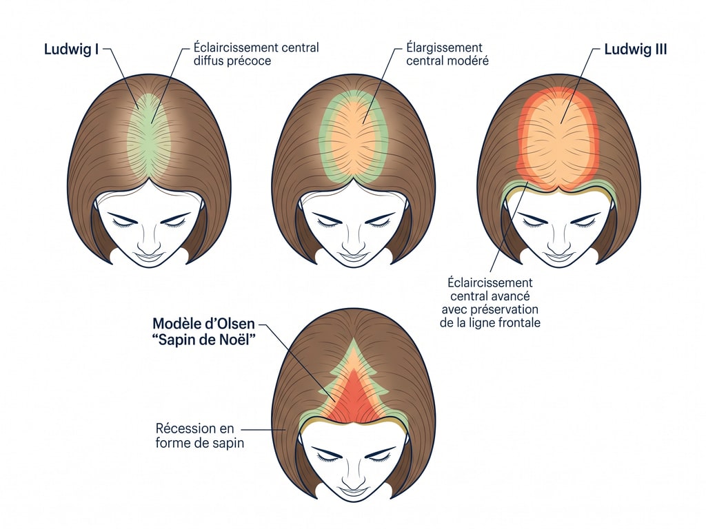 Classifications Ludwig I-III et Olsen 'Christmas tree' pour l'alopécie androgénétique féminine