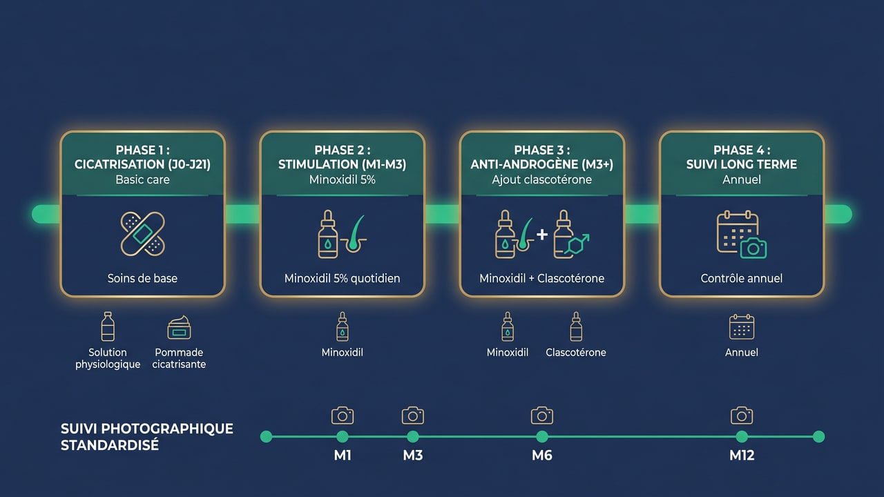 Calendrier du protocole post-greffe sur 12 mois avec intégration progressive du clascotérone