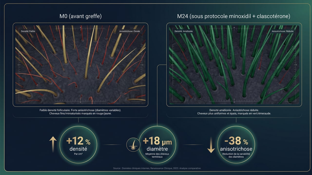 Comparaison trichoscopique pré et post-protocole : évolution de la densité et du diamètre folliculaire à 24 mois