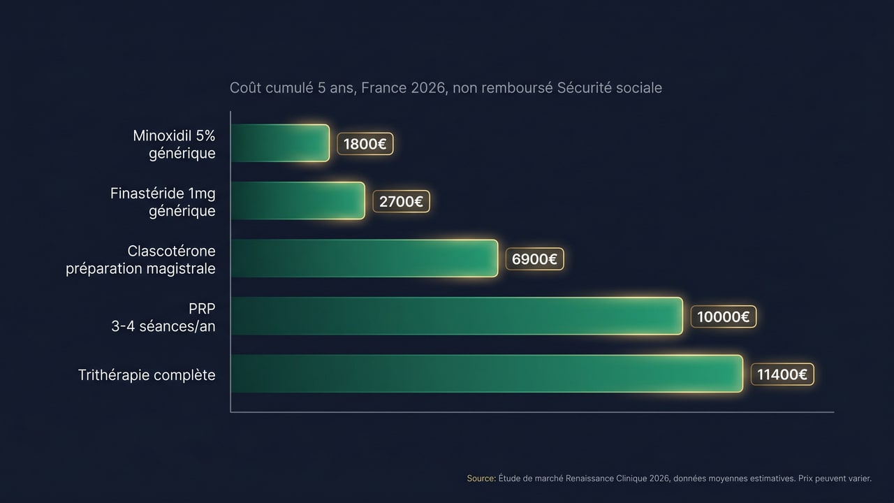 Comparaison du coût cumulé sur 5 ans du clascotérone vs minoxidil, finastéride, PRP et trithérapie en France