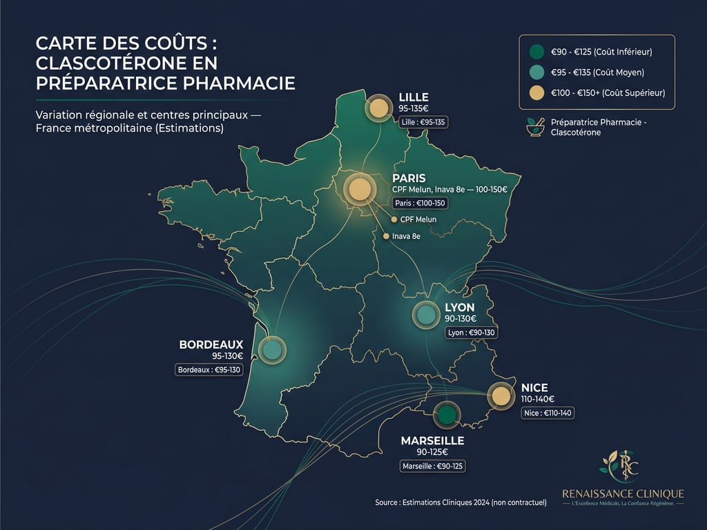 Carte de France des principales pharmacies préparatrices clascotérone par région et fourchette de prix mensuel