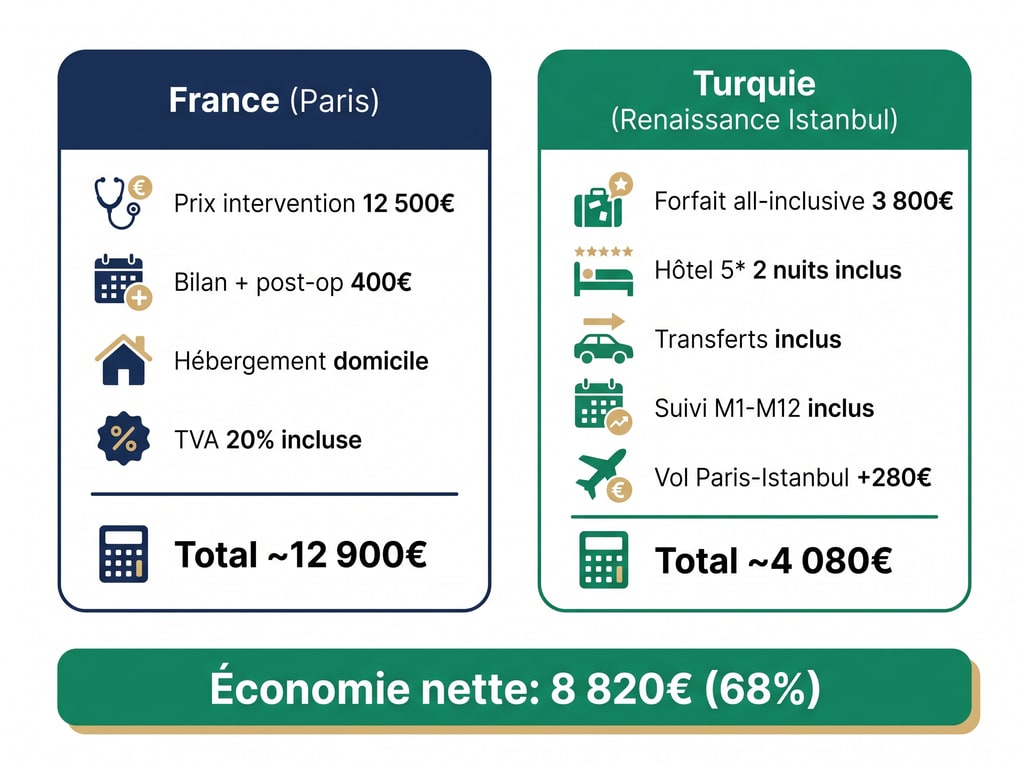 Comparaison prix greffe France vs Turquie 2026 — Paris 12 900€ vs Renaissance Istanbul 4 080€ all-inclusive, économie 8 820€