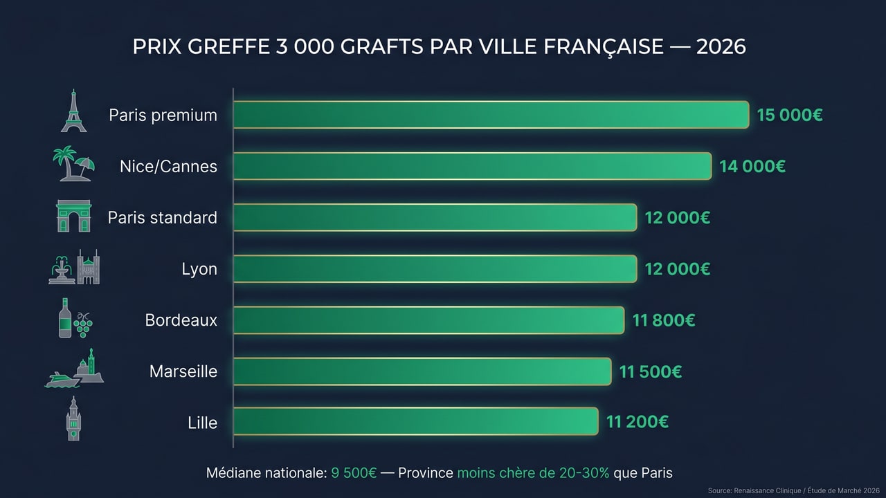 Barres comparatives prix greffe 3 000 grafts par ville française 2026 — Paris, Lyon, Marseille, Bordeaux, Lille, Nice