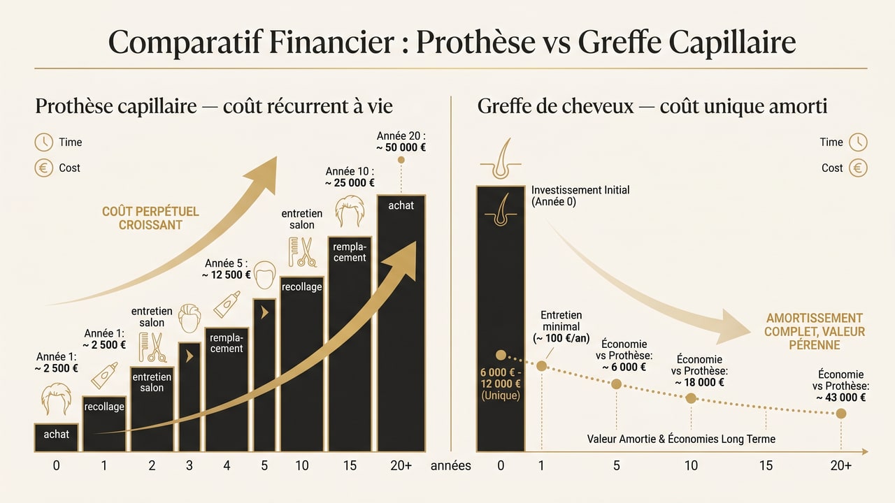 Infographie comparant le coût récurrent à vie d'une prothèse capillaire au coût unique amorti d'une greffe de cheveux
