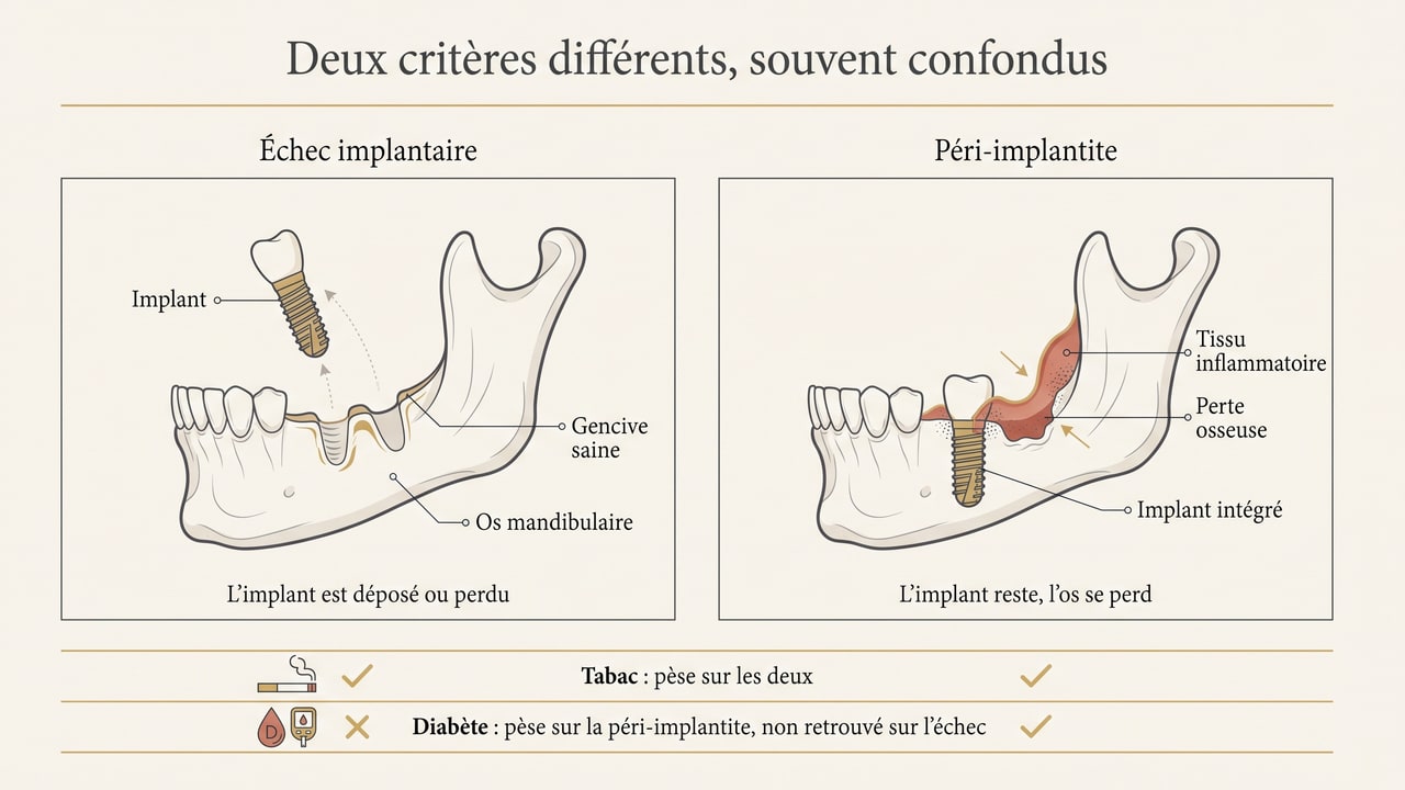 Schéma distinguant l'échec implantaire, où l'implant est perdu, de la péri-implantite, où l'implant reste en place mais l'os se perd autour