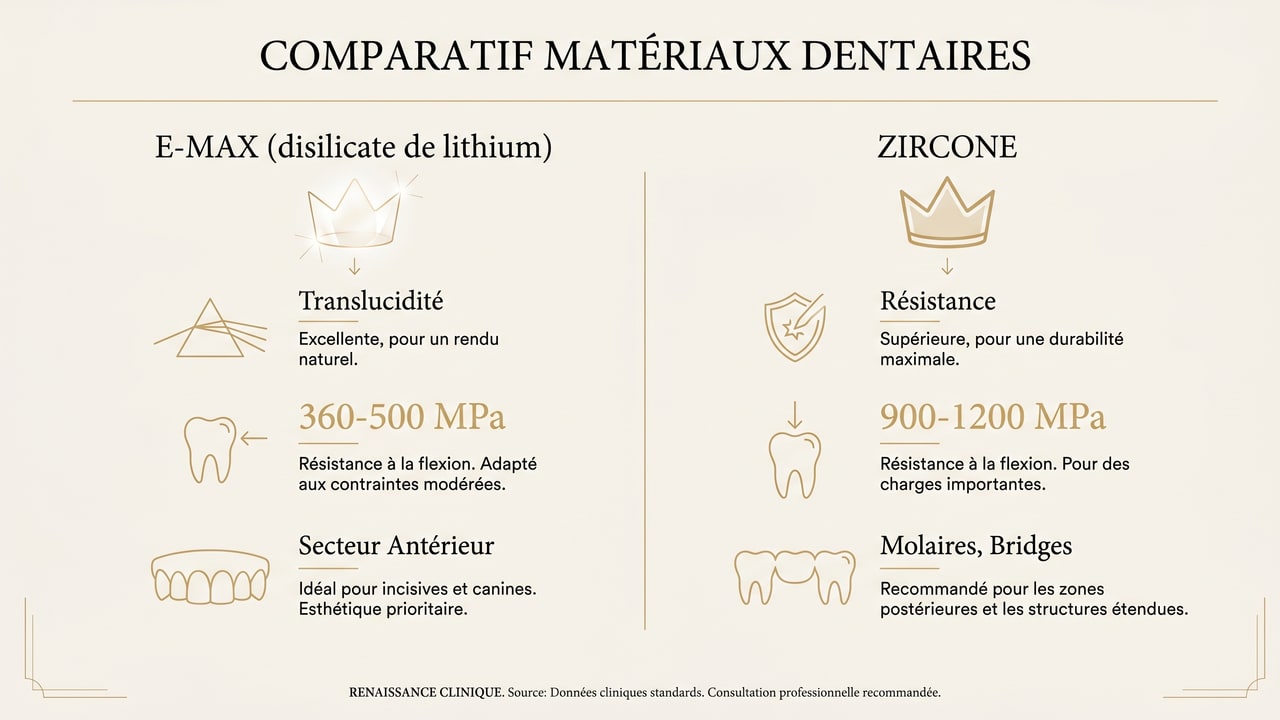 Infographie comparant la couronne E-Max (translucidité, antérieur) et la zircone (résistance, postérieur)