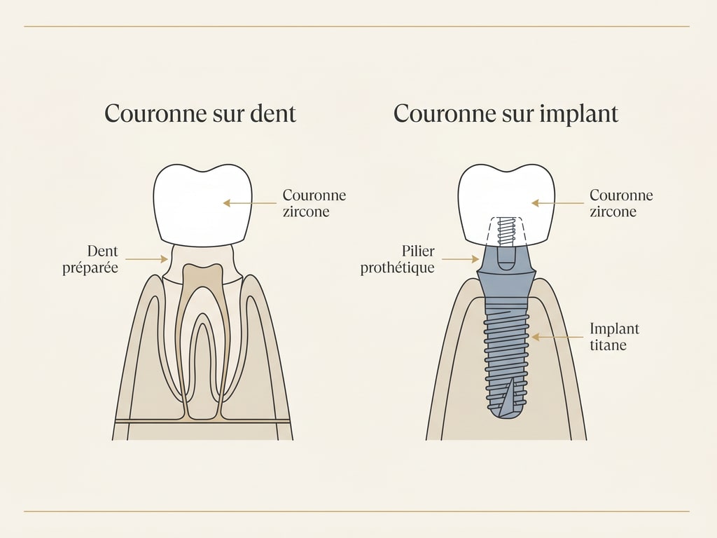 Schéma comparant une couronne zircone posée sur dent naturelle et sur implant avec pilier prothétique