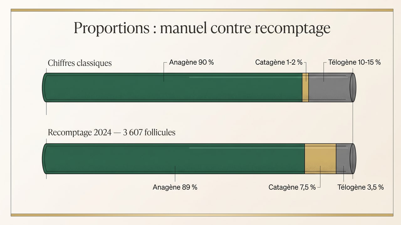 Diagramme comparant les proportions classiques des phases du cheveu — 90 % anagène, 1 à 2 % catagène, 10 à 15 % télogène — avec le recomptage de 2024 sur 3 607 follicules : 89 % anagène, 7,5 % catagène et 3,5 % télogène