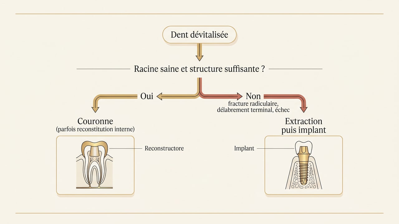 Arbre de décision : dent dévitalisée conservée par une couronne si la racine est saine, sinon extraction puis implant