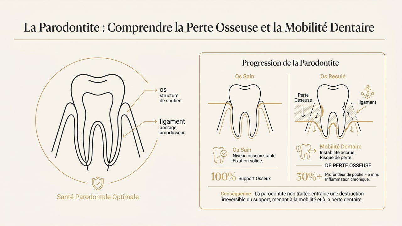 Infographie montrant la perte d'os de soutien dans la parodontite et la mobilité dentaire qui en résulte