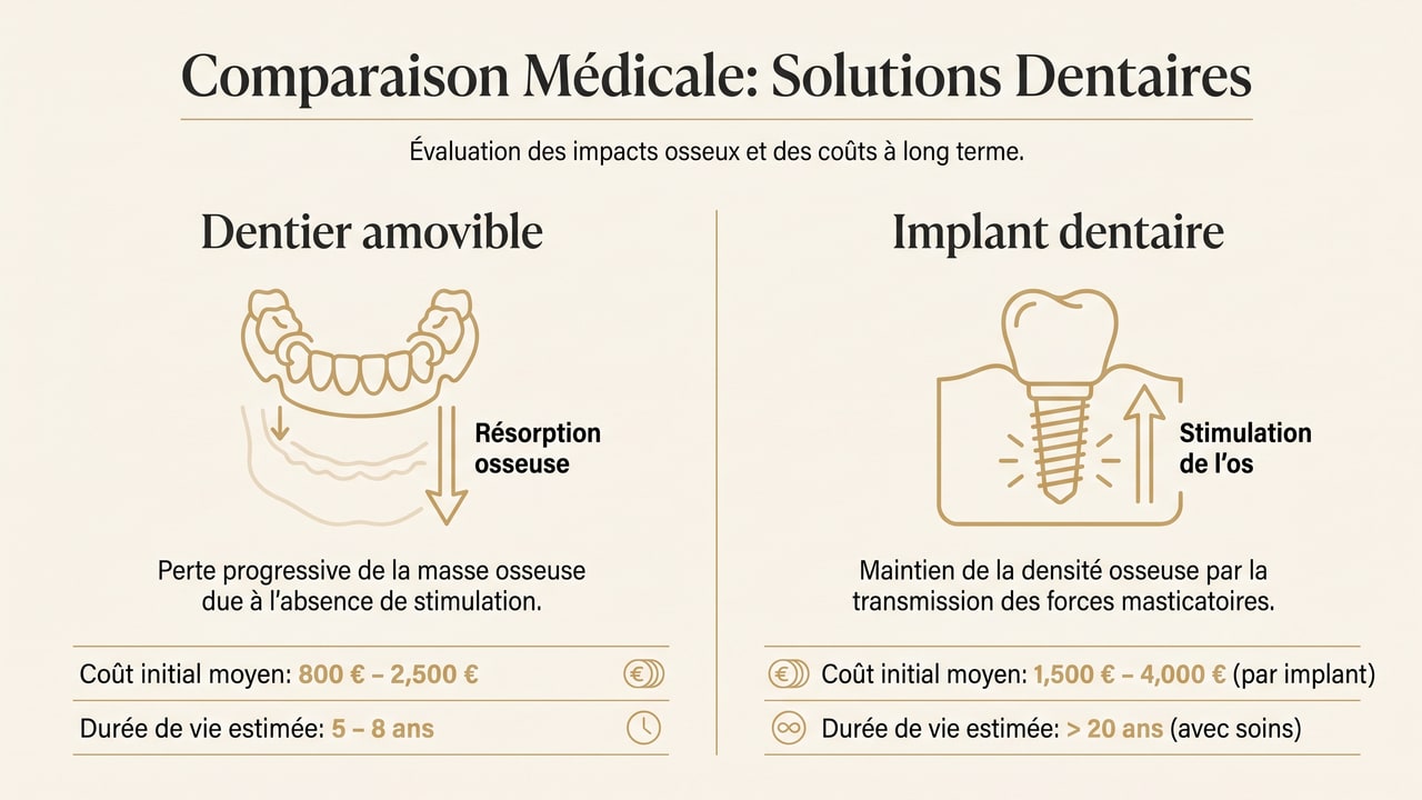 Infographie comparant le dentier amovible et l'implant dentaire face à la résorption osseuse de la mâchoire