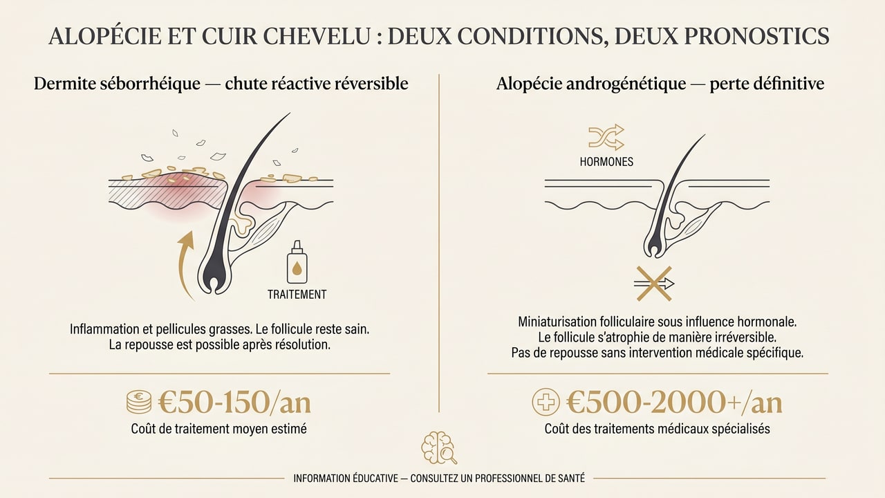Infographie distinguant la chute réactive réversible de la dermite séborrhéique et la perte définitive de l'alopécie androgénétique